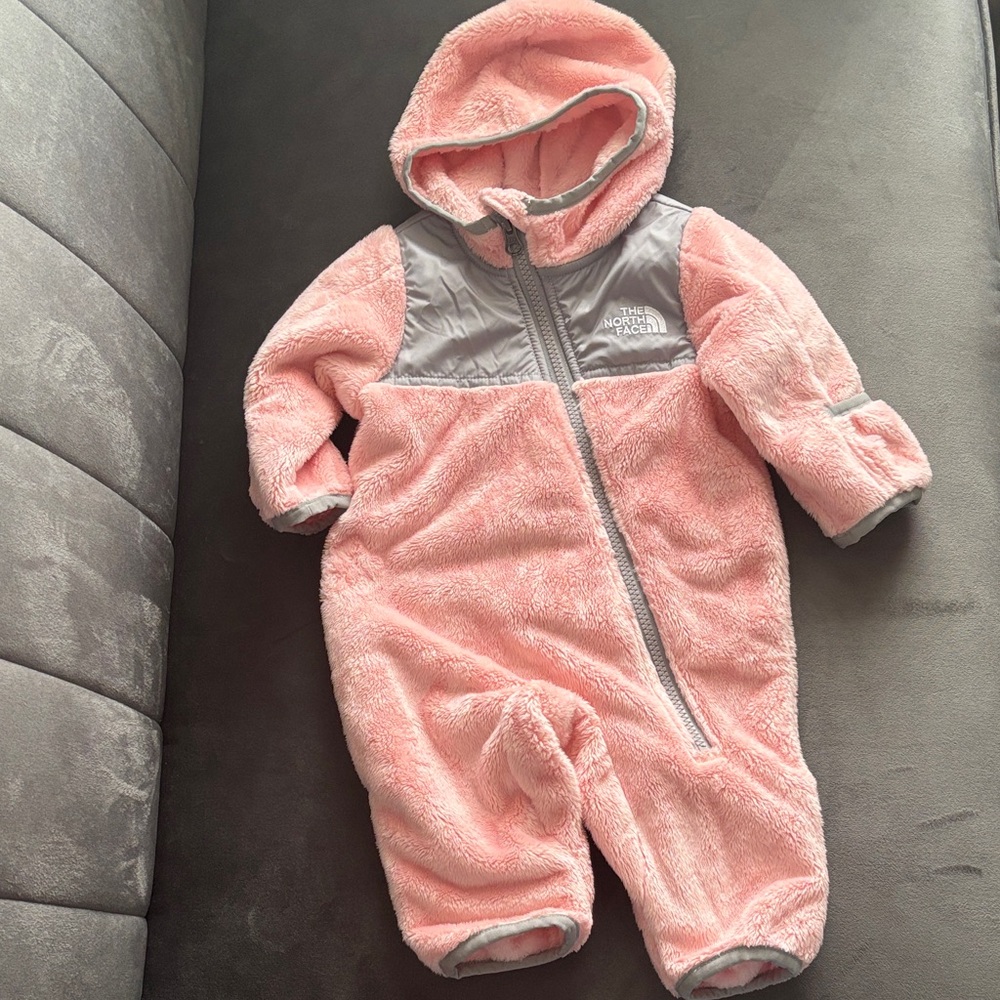The North Face Pink and Gray Cozy Infant Fleece Bunting